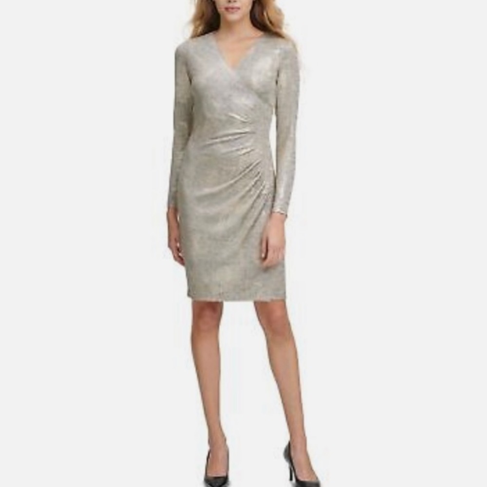 NWOT Calvin Klein Metallic Long Sleeve Faux Wrap Sheath Dress - Size 4, Gold - Picture 7 of 9